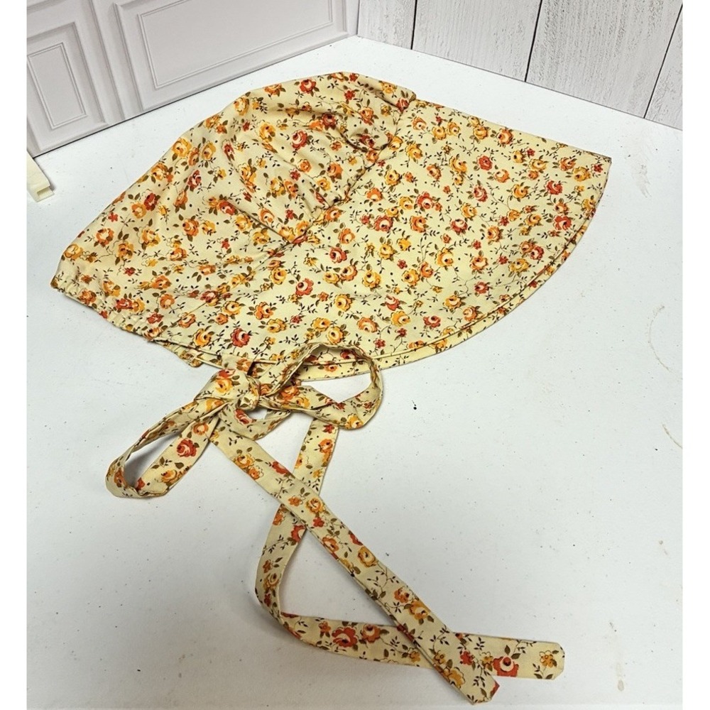 PIONEER BONNET - Vtg Beige & Multi-Color Floral-Print Old Time Womens Hat